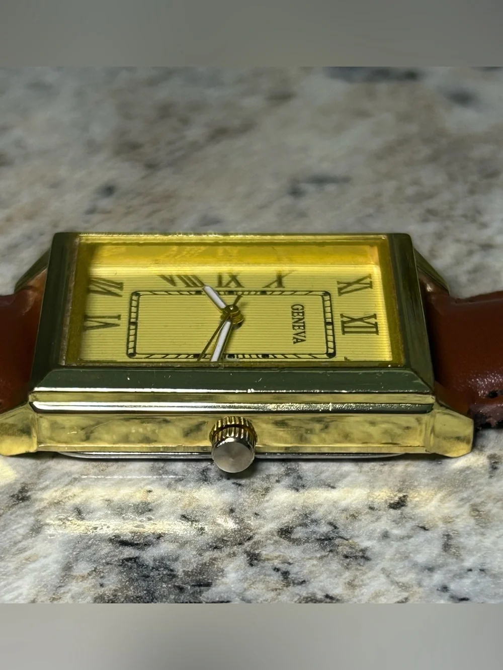 Geneva 37mm Gold Tone Tank Quartz Watch Brown Strap Read